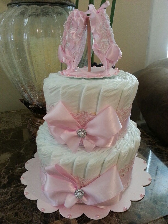 Two Tier Pink And White Damask Ballerina Diaper Cake / Elegant