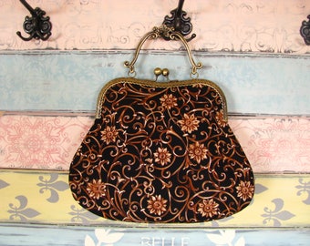 Vintage evening clutch purse with twirls and flowers, kiss lock purse, metal frame purse, purse with handle