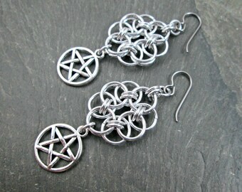 Chainmaille Earrings - Helm Weave - Pentacle Earrings - Chainmail Jewelry - Wiccan Earrings - Pagan Jewelry