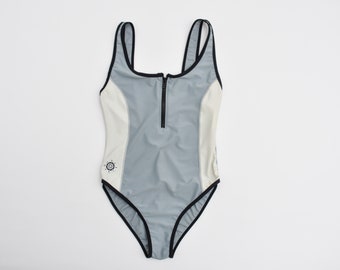 vintage sporty zipper front one piece swimsuit zip up sports gray ivory panel swimsuit with black trims and hip embroidery small medium size