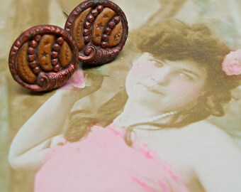 Art Nouveau BUTTON earrings, Victorian mini sea shells on sterling silver posts, button jewellery. Present, gift.