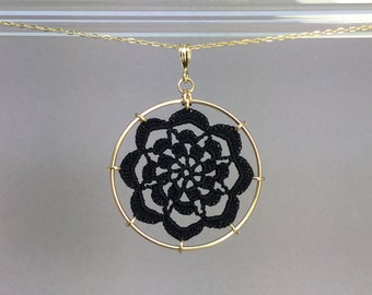 Serendipity doily necklace, black silk thread, 14K gold-filled