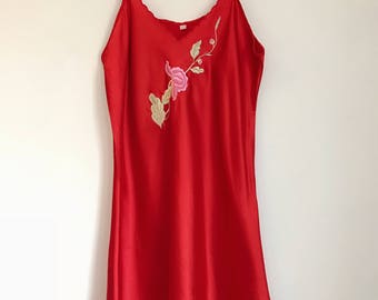 Red Embroidered Vintage Slip Dress