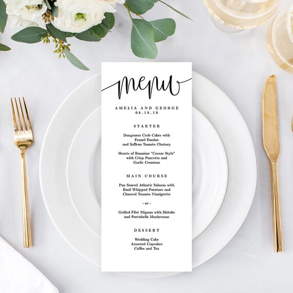 Wedding Menu Card Editable Template Printable Menu Cards