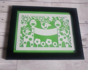 Giraffe papercut new baby birthday gift present special personalised nursery bedroom framed unique