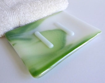 Streaky Green and White Fused Glass Soap Dish by BPRDesigns