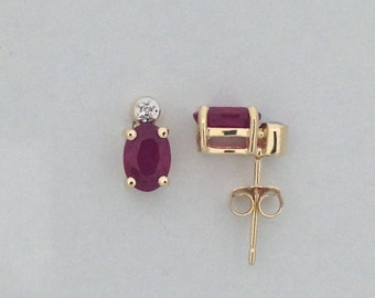 Natural Ruby with Natural Diamond Stud Earrings Solid 14kt Yellow Gold