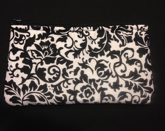 Black and White Damask Pencil Case / Zipper Pouch, Coin Purse, or Wristlet #117