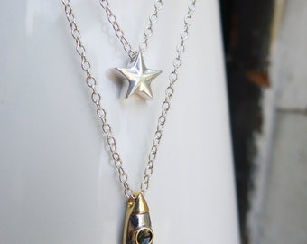 Celestial Rocket ship and Star, Mother's Day Science Teacher Gift Necklace Layering Celestial Constellation Geekery Layered 18kt Gold Sci Fi