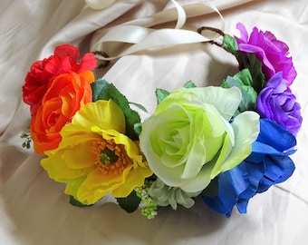 Rainbow Flower Crown, Floral Crown, Floral Headpiece, Hair Wreath