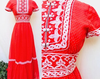 Embroidered Beauty Vintage 60s 70s Maxi Dress, Emma Domb, Fits XS
