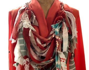 Upcycled Scrappy Scarf- Orange/Mint