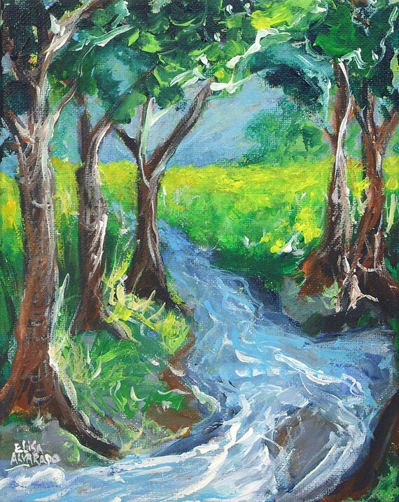 tree painting Meadow Stream original painting on canvas