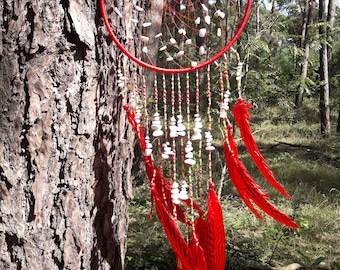 Dream catcher, white Agathe, gemstone, Dreamcather, red pheasant feather, Czech glass beads