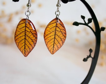 Orange Resin Leaf - Leaf Earring - Leaves Earrings - Print Jewelry - For Nature Lovers - Nature Inspired
