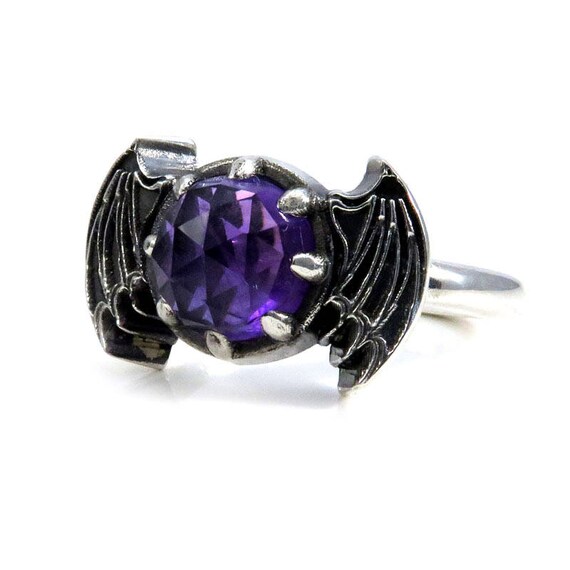 Rose Cut Amethyst Bat Wing Gothic Engagement Ring - Sterling Silver Victorian Fine Jewelry