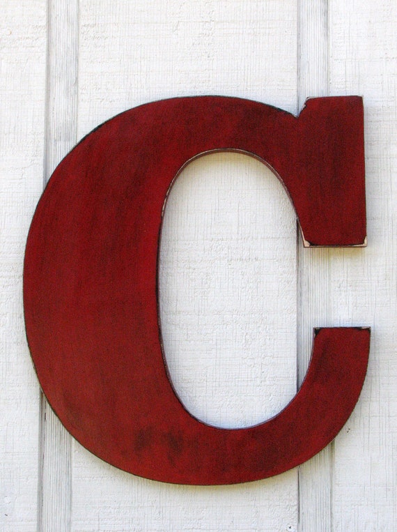 Rustic Wooden Letter C Distressed Painted True Red