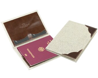 Passport case in a linen/leather combination