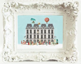 French vintage art print, Paris row houses, vintage hot air balloon, Marie Antoinette, A4 giclee