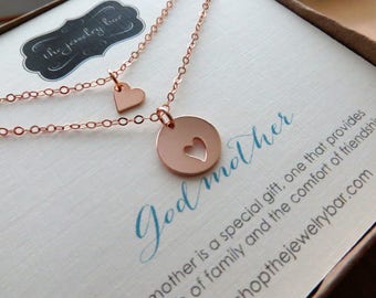 Godmother necklace, goddaughter - baptism gift - 2 delicate rose gold heart necklaces - godmother godchild jewelry - christening