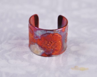 Copper flower earcuff, coloured copper earcuff, etched earcuff