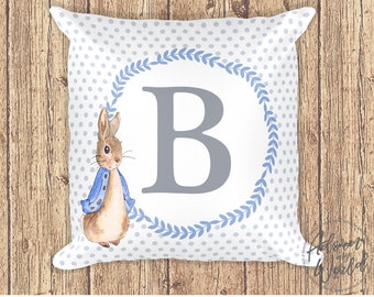Peter Rabbit Pillow, Personalized Letter Pillow, Peter Rabbit Cushion, Monogram Pillow, Nursery Decor, Gift For Boy, Pillow With Letter