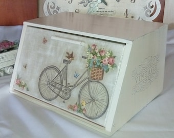 Bike wooden breadbox White wood bread box bicycle Shabby chic bread bin French style storage Provence decor