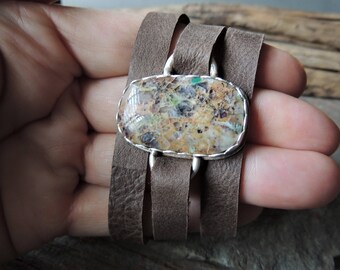 SALE Artisan Jewelry, Silver Bezel Gemstone, Kaleidoscope Jasper, Leather Wrap Bracelet, Southwestern Style, Rustic Handcrafted Urban Rustic