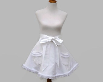 Womens White Half Retro Apron, White Ruffled Half or Full Apron, White Retro Half Bride Apron, Ruffled Bride Apron, Ruffled Wedding Apron
