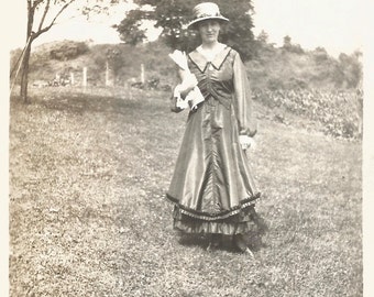 Vintage Photo "Old-Fashioned Girl" Victorian Dress Straw Hat Pretty Girl Found Vernacular Photo