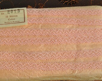 vintage 1950s pale pink valenciennes cotton lace trim made in France 3 meters