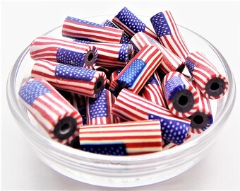 American flag beads; hand crafted polymer clay, American flag tube beads, 18x7mm, 5-10pcs/3.80-7.60.