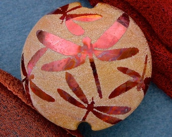 Handmade Lampwork Glass Bead "Flight of Dragonflies" SRA Sandblasted Focal Bead ~ Iridescent Lustre Bead ~ Warm Neutrals