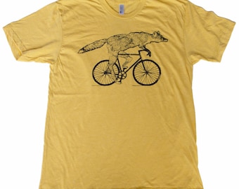 Fox on a Bicycle- Mens T Shirt, Unisex Tee, Cotton Tee, Handmade graphic tee, Bicycle shirt, Bike Tee, sizes xs-xxl