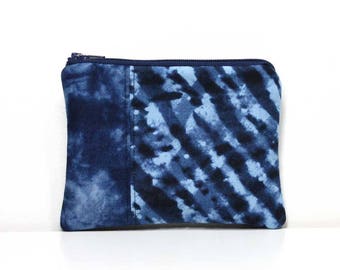 Zipper Coin Purse, Little Pouch, Small Wallet, Business Card Holder, Small Zipper Pouch with Key Ring or Wrist Strap - Navy Blue Batik