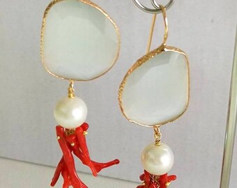 Earrings Pearls Red Coral Gold cat eye gift for you, mother gift, birthday, Made in Italy