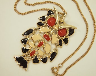 Vintage Owl Necklace - Articulated Enamel Owl Pendant - Gold Plated Metal Elements - Chain 17" - Pendant 2.5" length x 1.5" width
