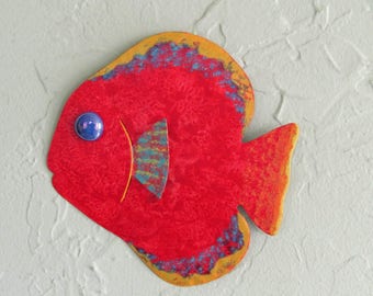 Metal Wall Art Fish Sculpture Recycled Metal Beach House Coastal Bathroom Decor Red Orange 7 x 7