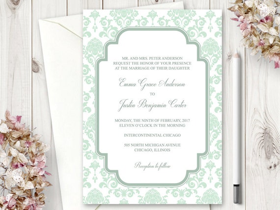 diy wedding invitation template floral damask in mint green damask invite template