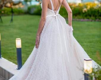 Boho chic wedding dress with pearls, Princess wedding dress in pale pink, Romantic wedding gown dress for garden, Boho bridal dress or gown