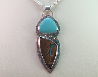 25% Off Turquoise Koroit Opal Cabochon 14kt Gold Sterling Silver Metalwork Necklace Pendant