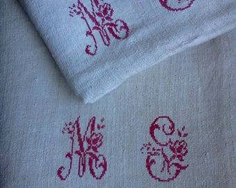 2 French Antique Hemp Sheets of superb quality with Large Hand-Embroidered Monogram MS or MG in red cross stitches. Hemp Upholstery Fabric.
