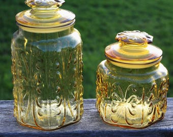 Vtg Amber Imperial Glass Canister Storage Jars Apothecary Jars L.E. Smith Atterbury Scroll Lot of 2 Kitchen Containers with Lids