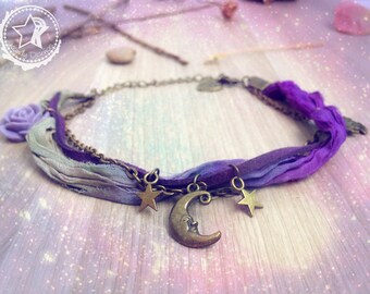 Moon Stars ankle bracelet. Purple anklet. Moon jewelry purple Sari silk, bohemian anklet, boho owl anklet, star anklet, boho jewelry, star