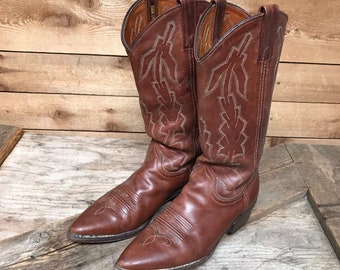 Women's Vintage Dan Post Marlboro Saddle Brown Leather Cowboy Boots Size 8