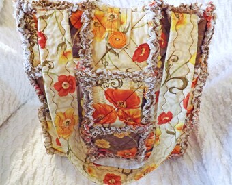 Rag Quilt Tote - Brown, Orange, Red, Yellow - Brown Rag Quilt Tote - Mother's Day Gift - Gift for Her - Brown Floral Tote