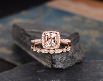 Rose Gold Engagement Ring Cushion Cut Morganite Ring Bridal Set Halo Diamond Anniversary Gift For Her Women Wedding Ring Half Eternity