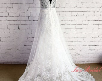 Double Layered Lace Wedding Dress Ivory V-Neck&Back Bridal Gown with Chapel Train