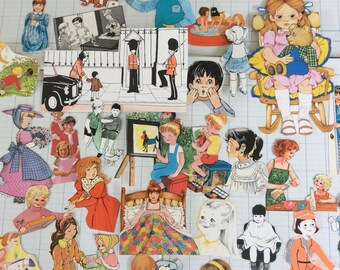 Vintage paper scraps- book cutouts-children- pets-playtime- paper craft- tags