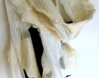Nuno Felted Scarf, Ruffled, Wavy, White, Silk Merino Wool Felted Scarf With 3D Ruffles, Wedding Scarf, Bridal Scarf